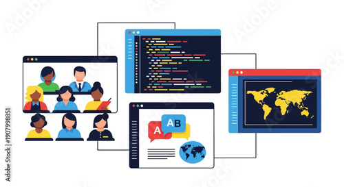 Digital screens displaying various global communication and coding interfaces.