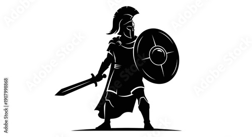 Ancient Greek or Roman warrior standing with sword and shield.