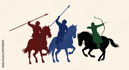 Three horseback archers in different colors riding horses.