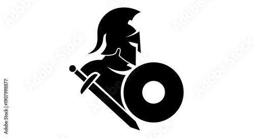 Ancient Greek or Roman warrior silhouette with sword and shield.