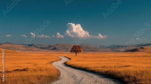 Solitary Autumn Tree Standing Beside Winding Path Through Golden Fields