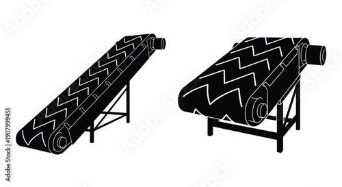 Line drawing of two industrial conveyor belts angled perspectives