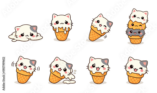 Cute cat ice cream characters in waffle cones