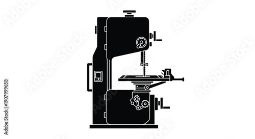 A black and white illustration of a vintage band saw machine