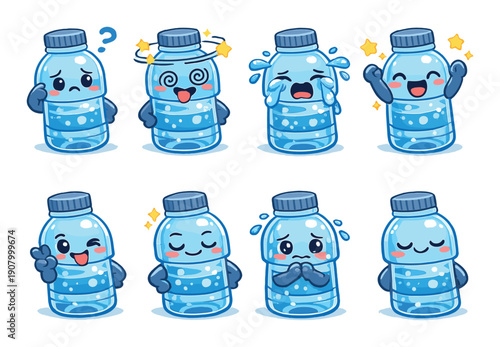 Cute cartoon water bottles with various emotions and expressions
