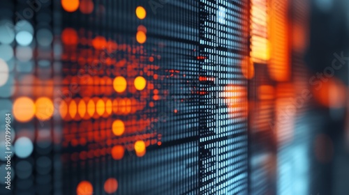 Abstract digital data stream visualized with glowing orange lights and intricate patterns.