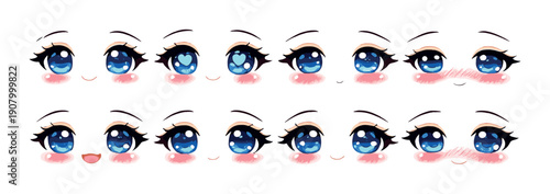 Anime eyes expressions set with cute blue eyes and blush on gray background
