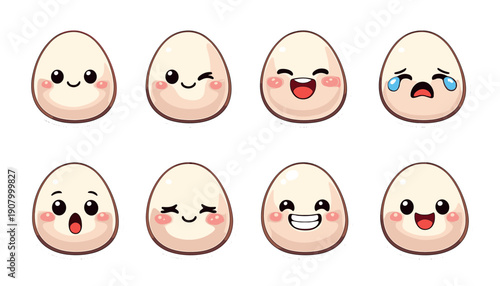 Cute kawaii egg faces displaying various emotions in cartoon style