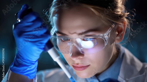 Young scientist conducts pipetting experiment in modern laboratory with focused expression and protective gear in evening light