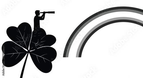 Silhouette of a person with a telescope on a clover leaf, looking towards a rainbow, symbolizing hope and future possibilities.