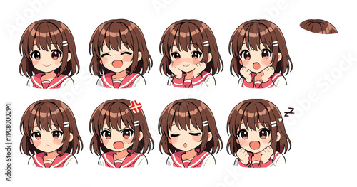 Anime girl expressions: joy, sleep, anger, surprise in various moods