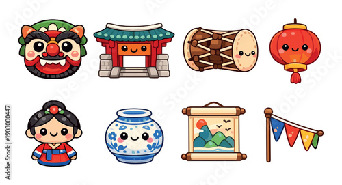 Cute korean cultural icons: lion dance, hanok, drum, lantern, hanbok, vase, painting, flags