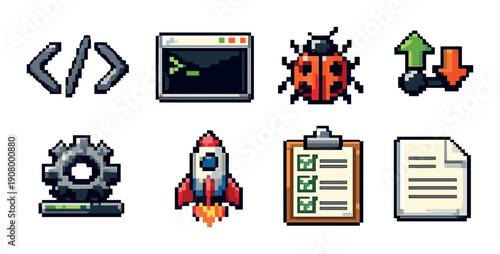 Pixel art icons for software development and programming tools