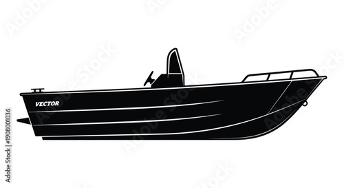 A minimalist black silhouette of a small motorboat on a white background