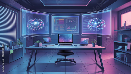 Futuristic AI workspace with holographic neural network data displays