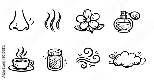 Sensory symbols: nose, flower, perfume, coffee, spices, wind, cloud illustrations