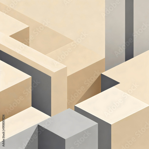 Minimalist beige and grey stepped isometric geometric forms