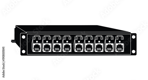Black network switch with eight rj45 ports isolated on white background