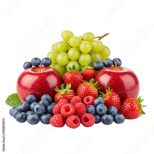 A vibrant assortment of fresh grapes in various colors and clusters isolated on transparent background