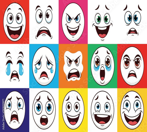 A colorful grid displaying various cartoonish facial expressions representing different human emotions high quality professional detailed