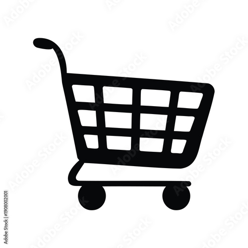 Black and white shopping cart icon in a simple graphic design