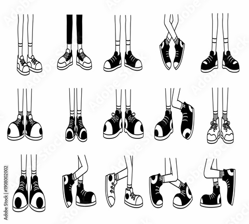Black and white illustration depicting various perspectives of stylized minimalist sneaker footwear high quality professional detailed