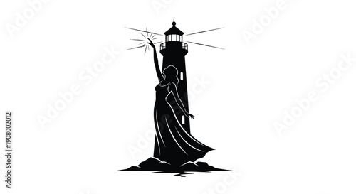 Symbolic silhouette of a woman reaching for light atop a lighthouse