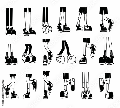 A collection of black and white illustrations depicting legs and feet in various poses and angles