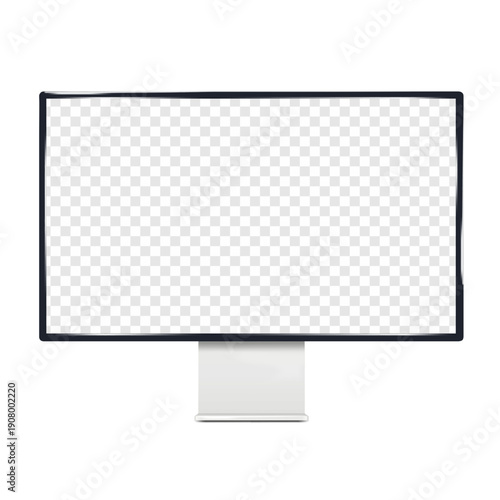 Monitor with blank transparent screen isolated on white background. Front view. Vector mockup. Empty LCD digital display on metallic stand. Realistic 3d mock-up. Template for design. Easy editable