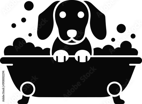 Cute dog taking bath in bathtub silhouette icon, black pet grooming illustration isolated on white background for design use