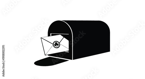 Black mailbox with an envelope being delivered, simple and clean design.