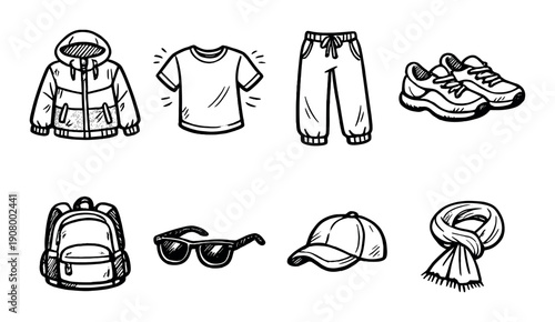 Casual fashion icons: hoodie, t-shirt, sweatpants, sneakers, backpack, sunglasses, cap, scarf