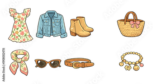 Summer fashion essentials: floral dress, denim jacket, boots, accessories