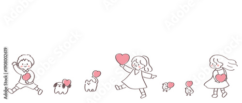 子供たちと犬猫ひよこの可愛い横長の背景テンプレート