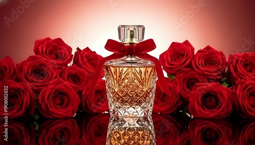 Luxurious perfume bottle surrounded by red roses, evoking romance, elegance, and feminine scent.
