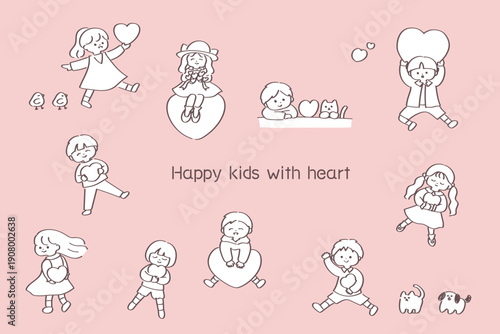 ハートのモチーフと子供・動物たちのシンプルな線画イラスト