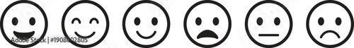 Emoji Mood and Sentiment Icon Set - Minimalist Black Outline Emoticons for Customer Feedback Survey and User Experience Rating Vector Illustration