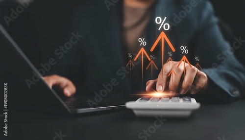 Person using calculator with rising percentage icons, representing profit growth and financial success
