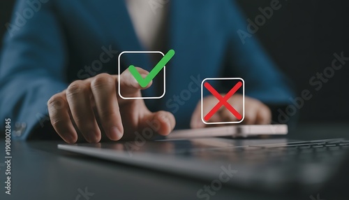 Hand selects a green checkmark icon, signifying approval or correct choice on digital interface