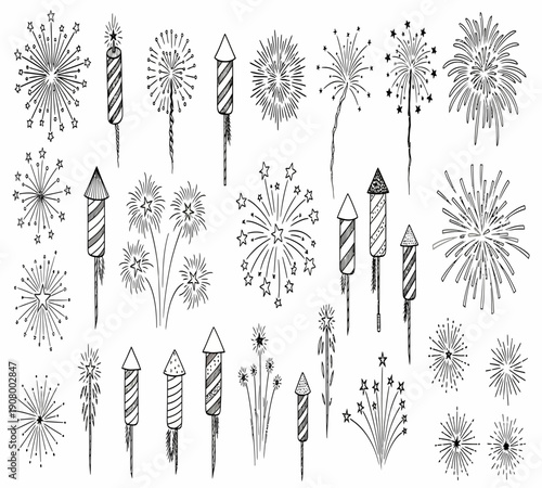 A collection of hand drawn fireworks and firecrackers in a playful monochrome style high quality professional