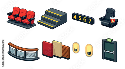Cinema elements: seats, steps, drink, ticket board, exit door, lights, counter panels