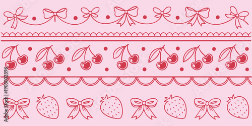 Canvastavla Cute pink hand-drawn seamless borders featuring cherries, strawberries, bows, and scalloped patterns