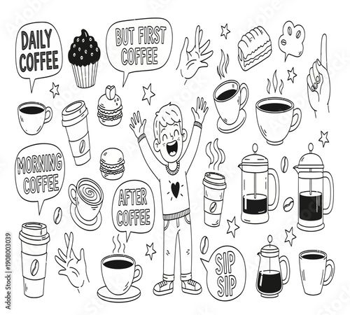 A delightful collection of hand drawn coffee themed illustrations including cups pastries and a cheerful person