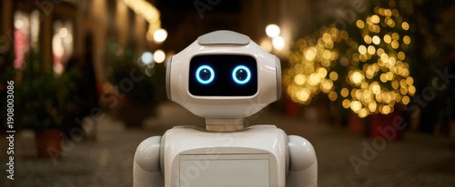 welcoming sentient social robot greeter with a friendly and engaging demeanor