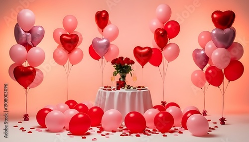 Valentine's Day romantic dinner setup with roses, balloons, and chocolates, festive celebration