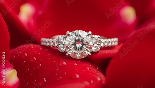 Exquisite diamond engagement ring nestled on vibrant red rose petals with water droplets