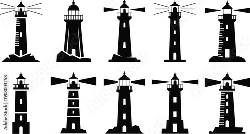 Lighthouse Silhouette Icons Set with Light Beams Coastal Beacon Towers and Maritime Navigation