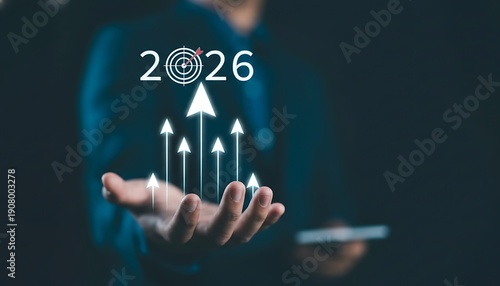 Year 2026 graphic with upward arrows and target, symbolizing future goals and business growth