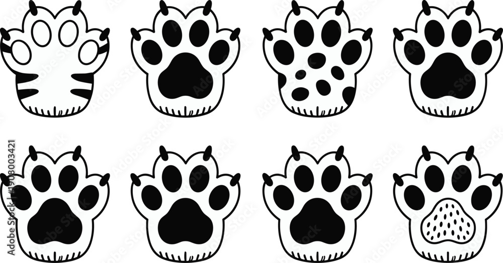 Obraz premium Cute Animal Paw Print Line Icons Set with Cartoon Cat Dog and Tiger Footprints
