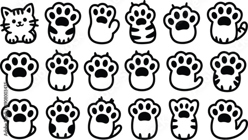 Cute Animal Face and Paw Print Line Icons Set with Cat Dog Tiger and Cartoon Pets